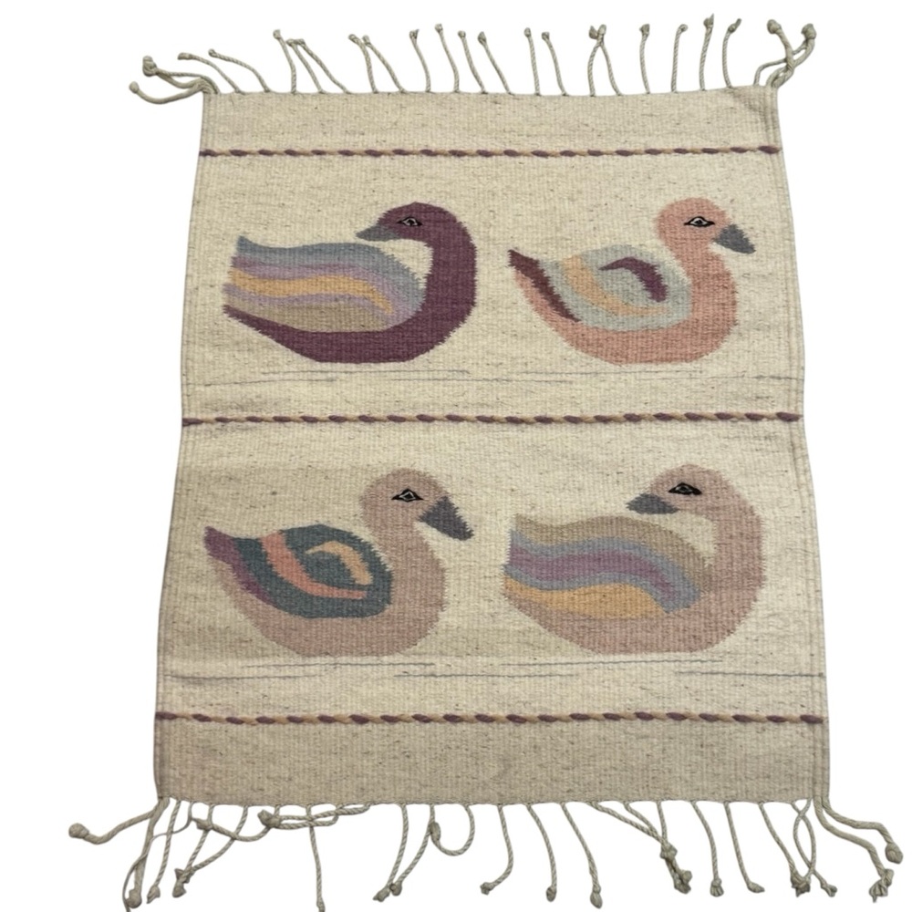 Vintage textile woven Duck design tapestry Peru Peruvian 20” X 24” MCM Rug